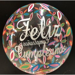 Globos burbuja Feliz cumpleaños con decoración de flores.