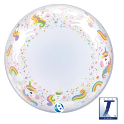Globo burbuja transparente Takarakosan con unicornios impresos.